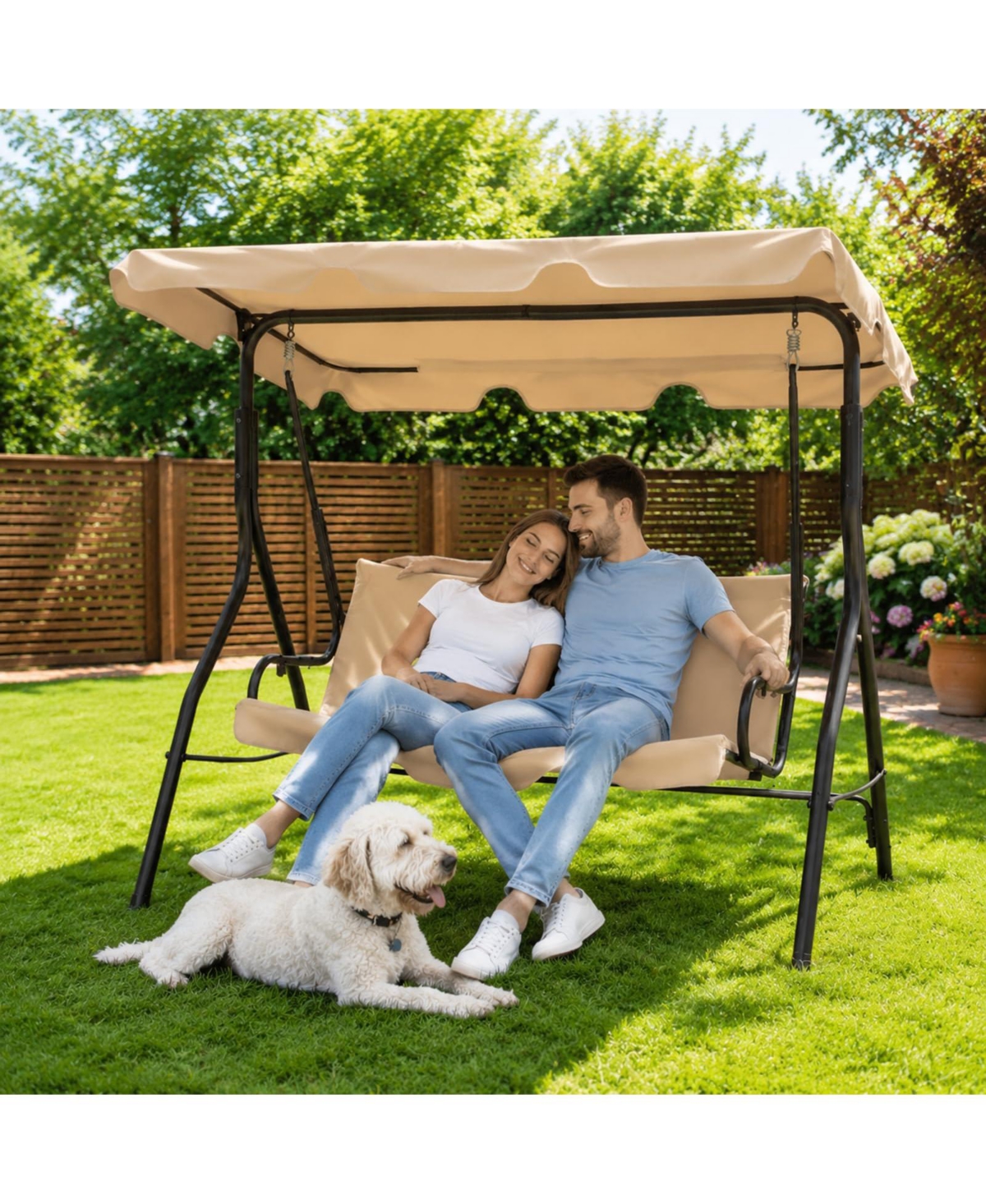 homfan 3 Seat Outdoor Porch Swing, Patio Swing Chair with Stand and Adjustable Canopy for Adults Backyard or Garden