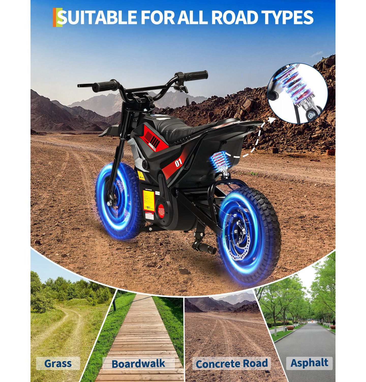 Детская игрушка homfan 45.7"L x 21.3"W x 26.4"H Electric 4-Wheel Ride-On Motorcycle, 3–7 лет, цвет: Чёрный — фото 4