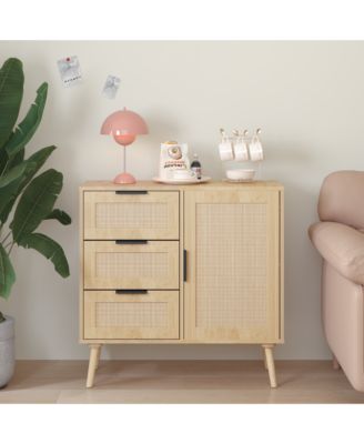 Modern Rattan Wood Dresser 3 Drawer Storage Cabinet with Adjustable Shelf Anti Tip