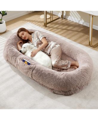 Human and Pet Large Fluffy Faux Fur Bean Bag Bed Orthopedic Foam Mattress, Side Pockets, Portable Handle and Strap