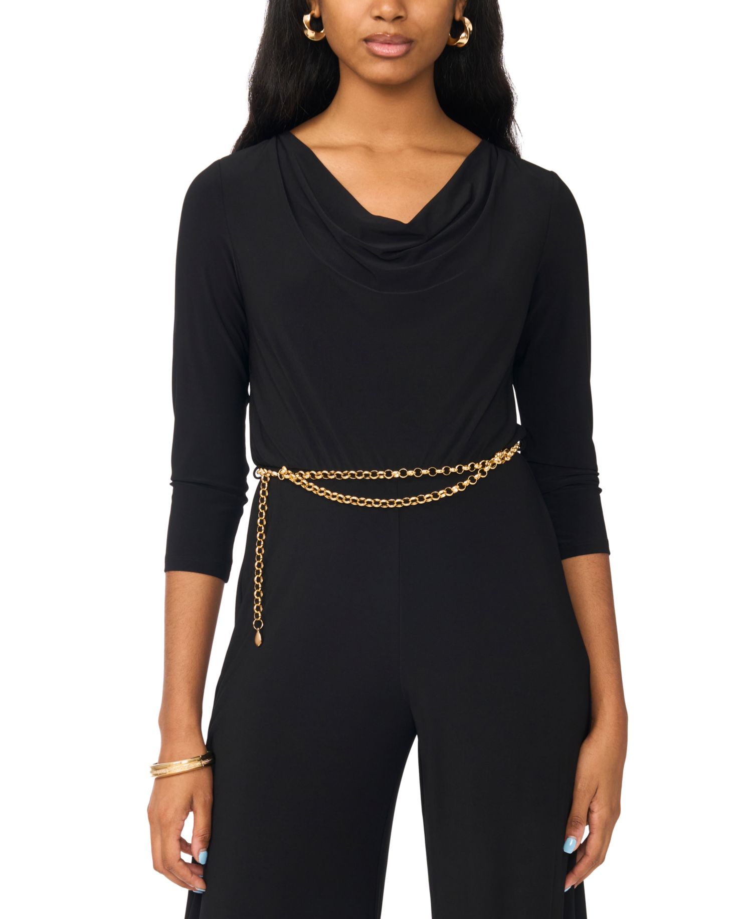 Women's 3/4-Sleeve Cowl Neck Jumpsuit with Belt