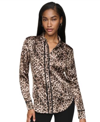 Petite Printed Satin Long-Sleeve Collared Top