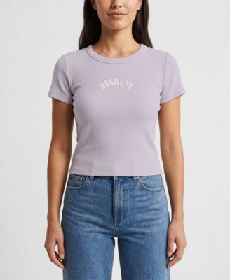 Women's Purple Clemson Tigers Upside Down Embroidery Ribbed Cropped T-Shirt