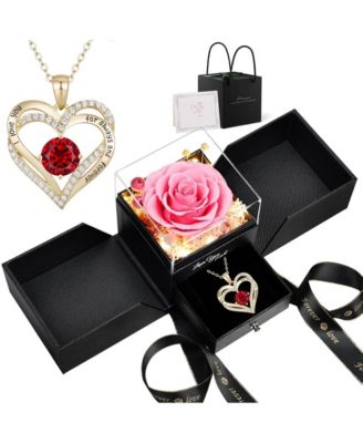 5-Piece Preserved Rose with LED Lights Double Heart Necklace and Acrylic Box Gift Set