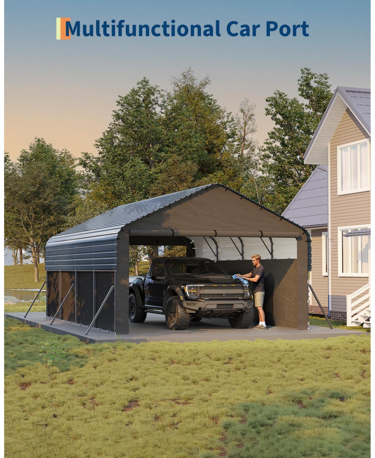 homfan 12x20 Ft Heavy Duty Steel Carport, Galvanized Metal Vehicle Shelter with Painted Steel Roof