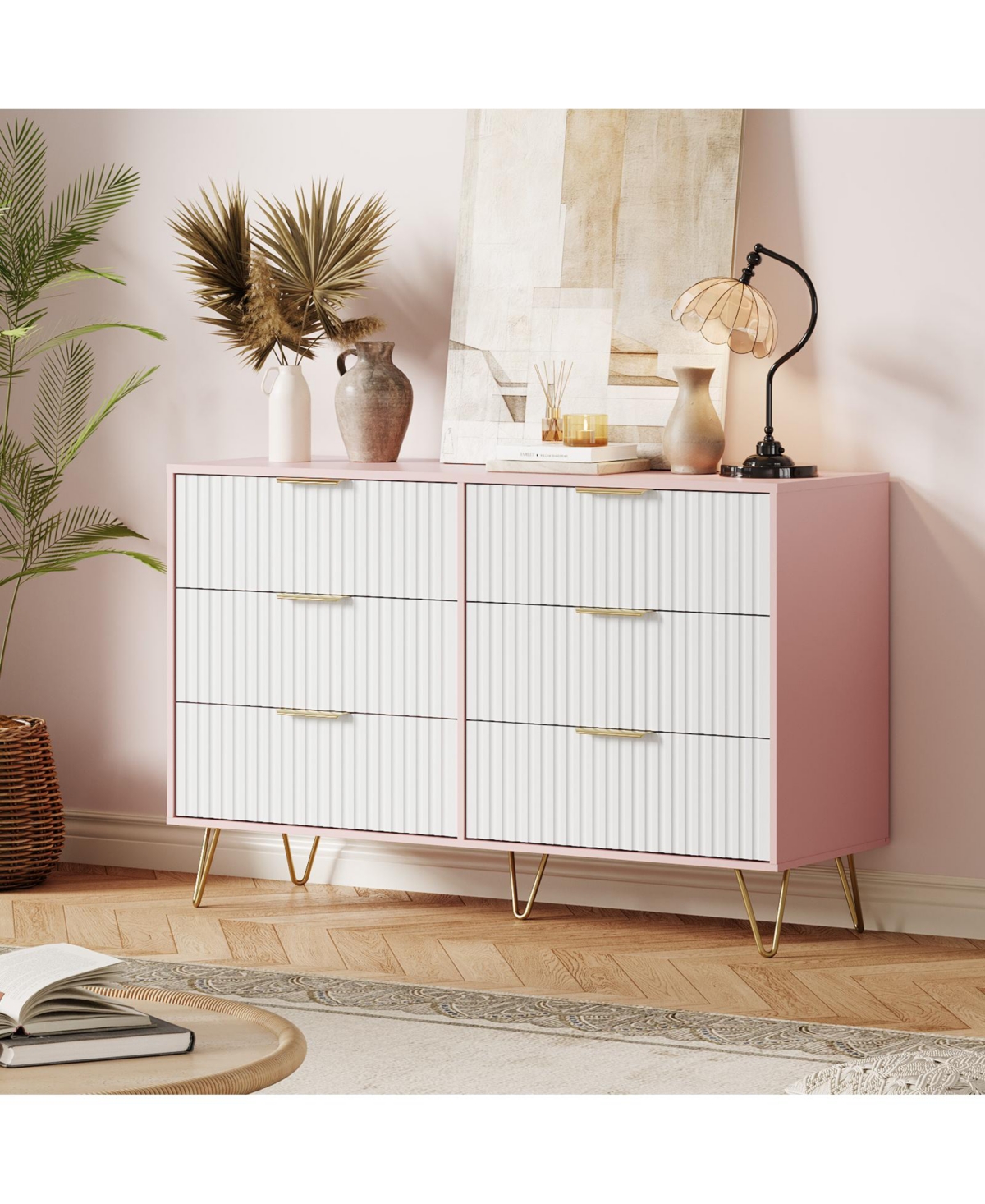 homfan 6 Dresser Drawers for Bedroom, 47" Wood Storage Dresser and Tv Stand with Metal Handles, Modern Closet Dresser for Bedroom, Living Room