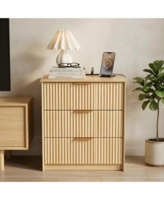Modern Fluted Bedside Table with USB and Power Outlets, Wave Textured 3-Drawer Wooden Bedside Cabinet, Compact Dresser for Bedroom, Living Room