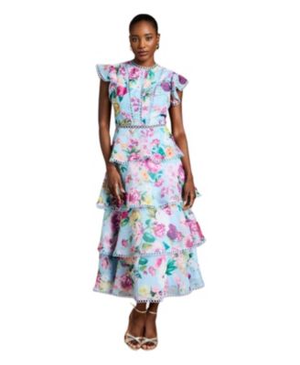 Women's Lace Trim Tiered Organza Midi Dress