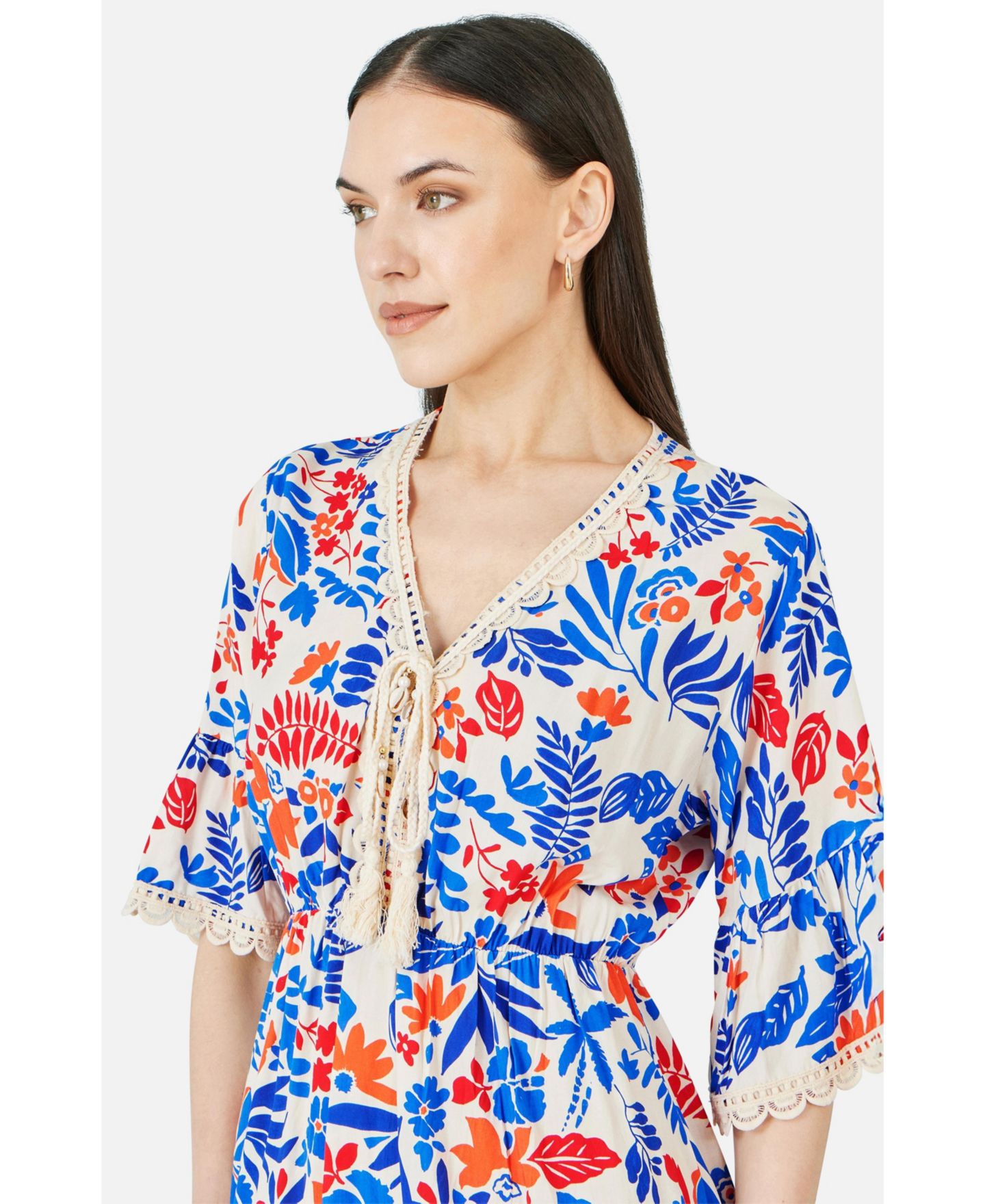 Женское платье Yumi Leaf Print Kimono Sleeve Tunic, цвет: Разноцветный — фото 4