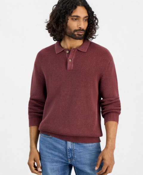 Мужской свитер Sun + Stone Acid-Washed Long-Sleeve Cotton Polo Sweater, цвет: Вишнёвый красное дерево
