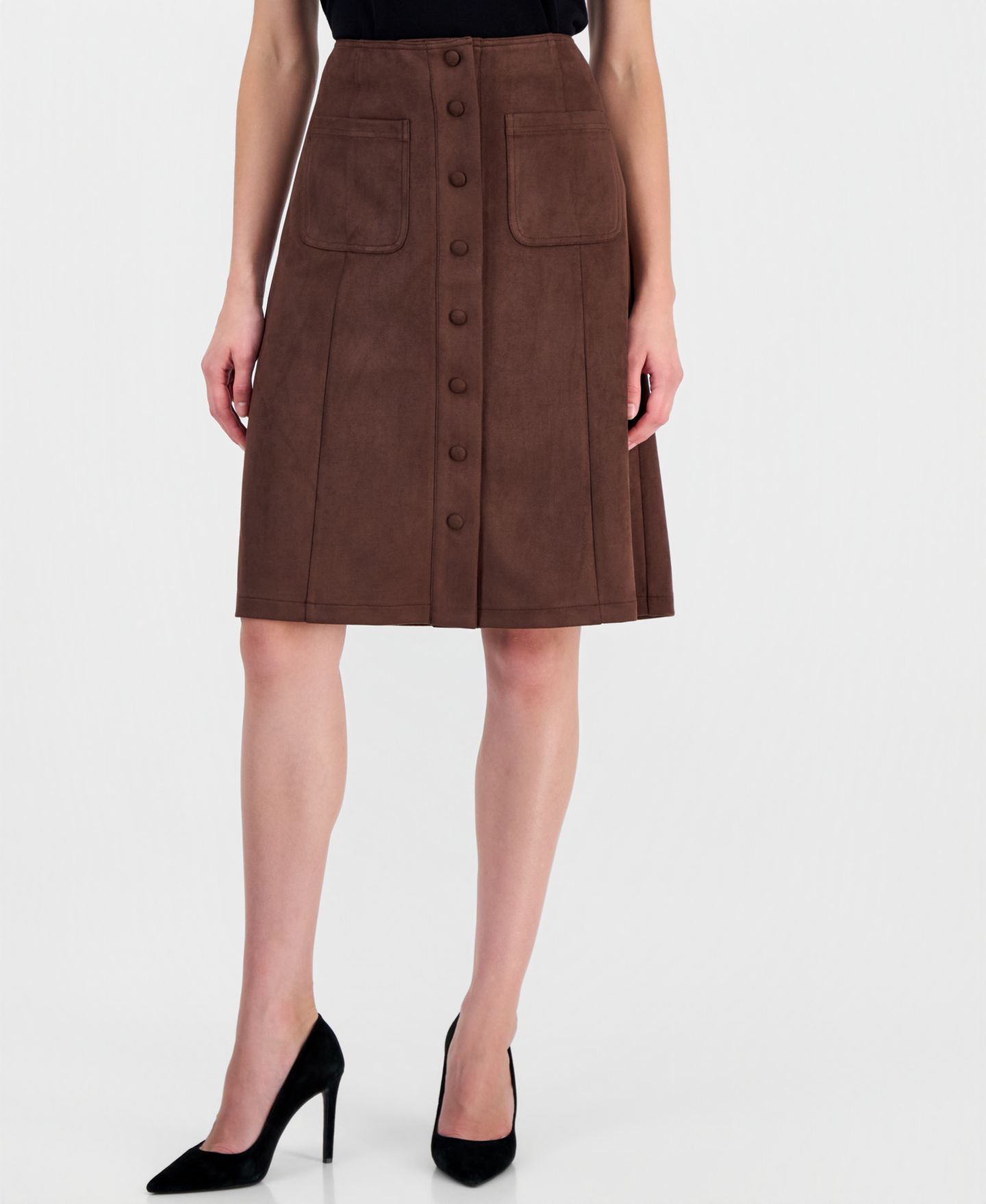 Женская юбка T Tahari High-Waisted Midi A-Line Faux Suede, цвет: Насыщенный мокко — фото 1