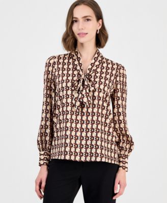 Women's Long-Sleeve V-Neck Bow Tie Geometric-Print Blouse