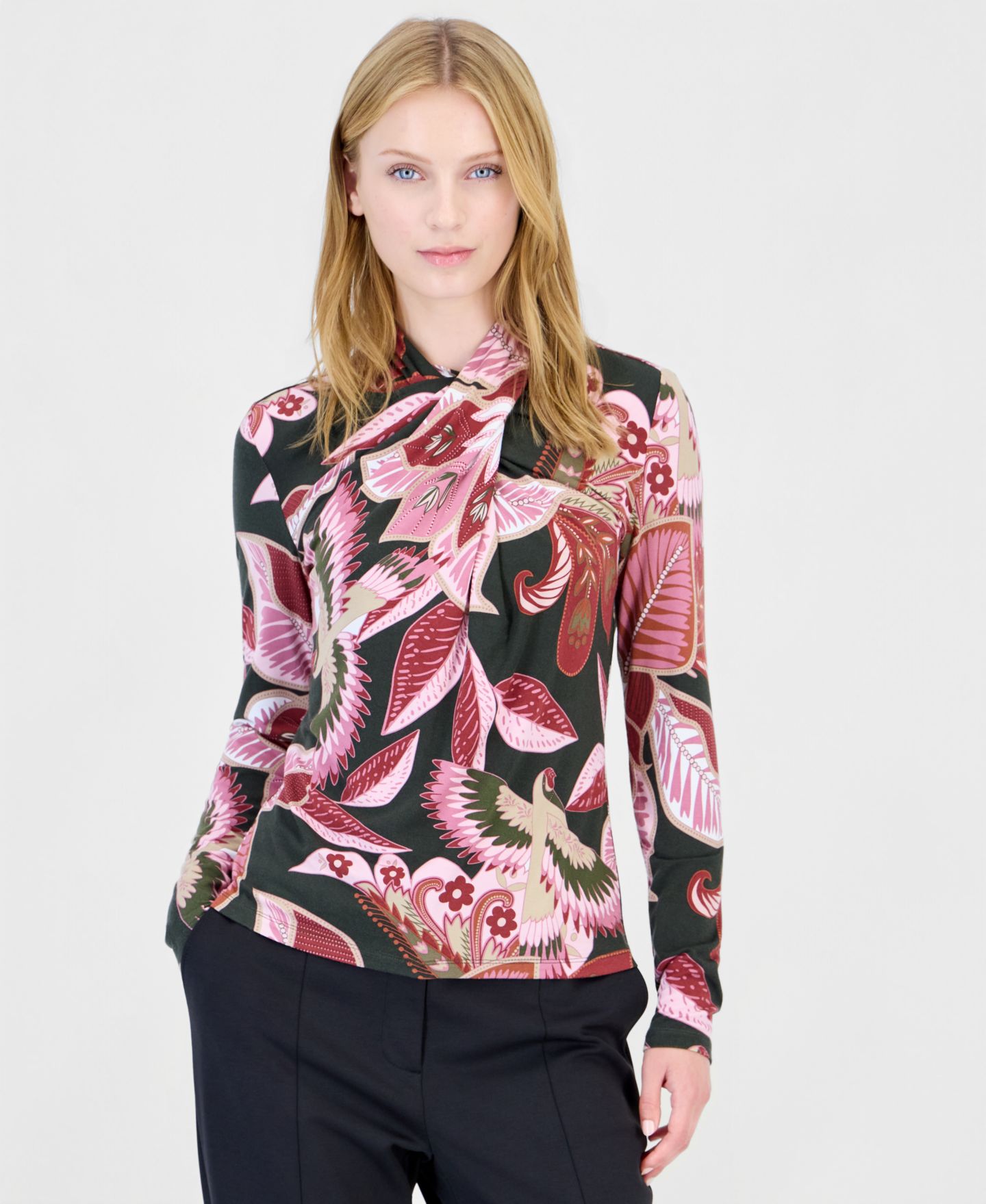 Женская блузка T Tahari Long-Sleeve Mock-Neck Floral-Print, цвет: Rio Paradise — фото 1