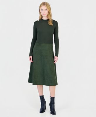 Women's Mock Neck Long-Sleeve Faux Suede Skirt Dress