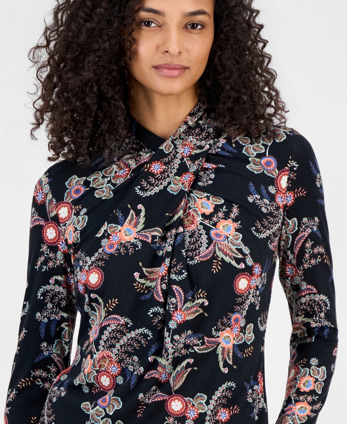 T Tahari Women's Long-Sleeve Paisley Draped-Neck Blouse