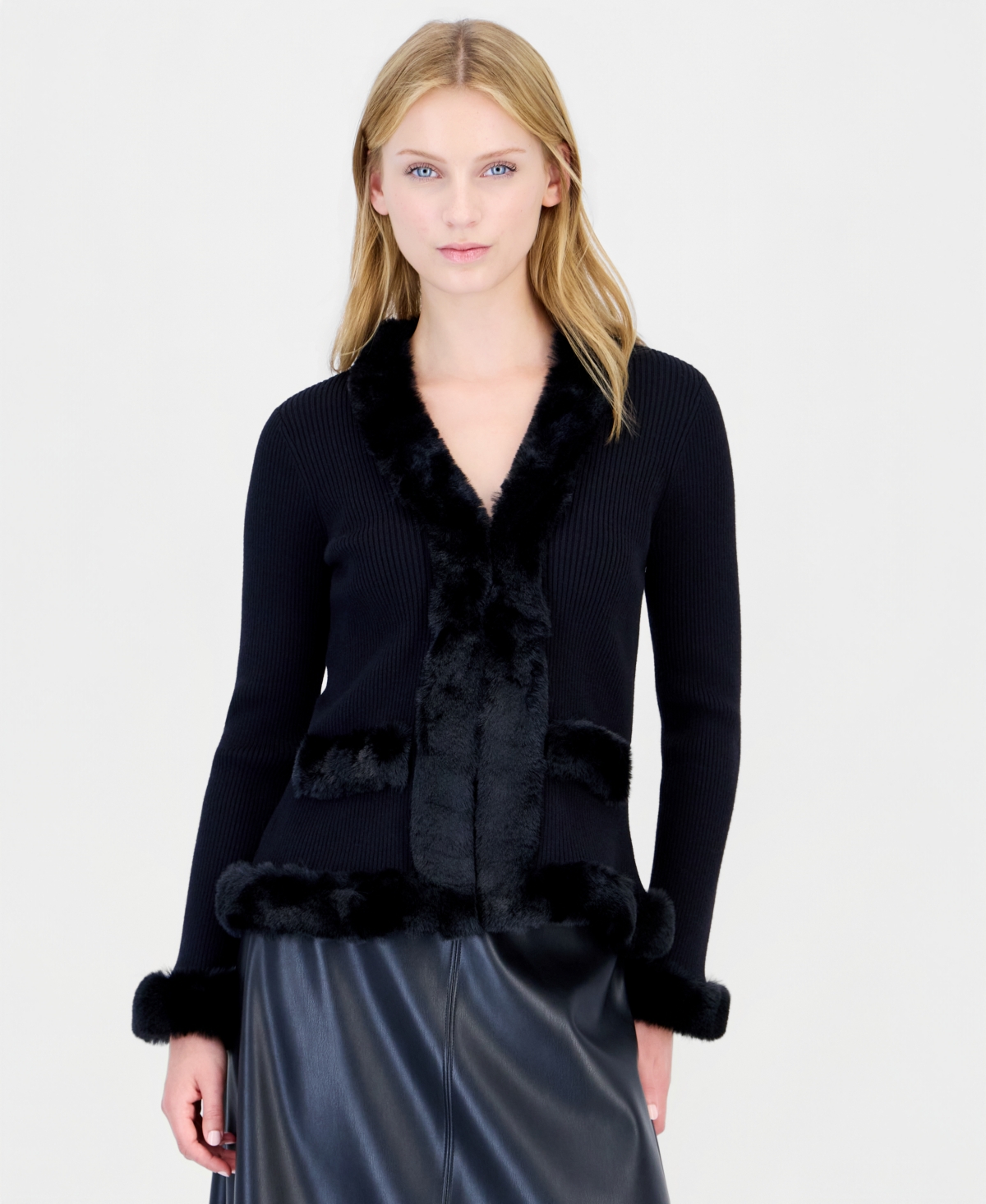 T Tahari Women's Long-Sleeve V-Neck Faux-Fur-Trimmed Cardigan - Black