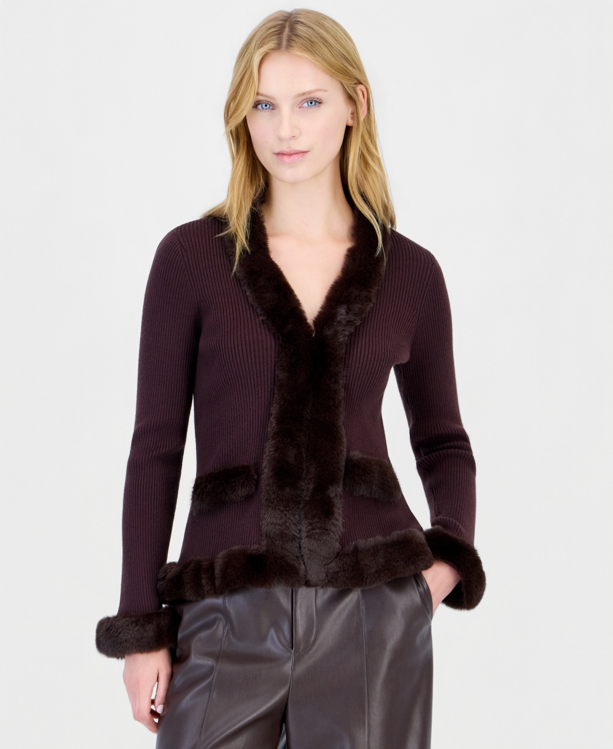 T Tahari Women's Long-Sleeve V-Neck Faux-Fur-Trimmed Cardigan - Rich Mocha