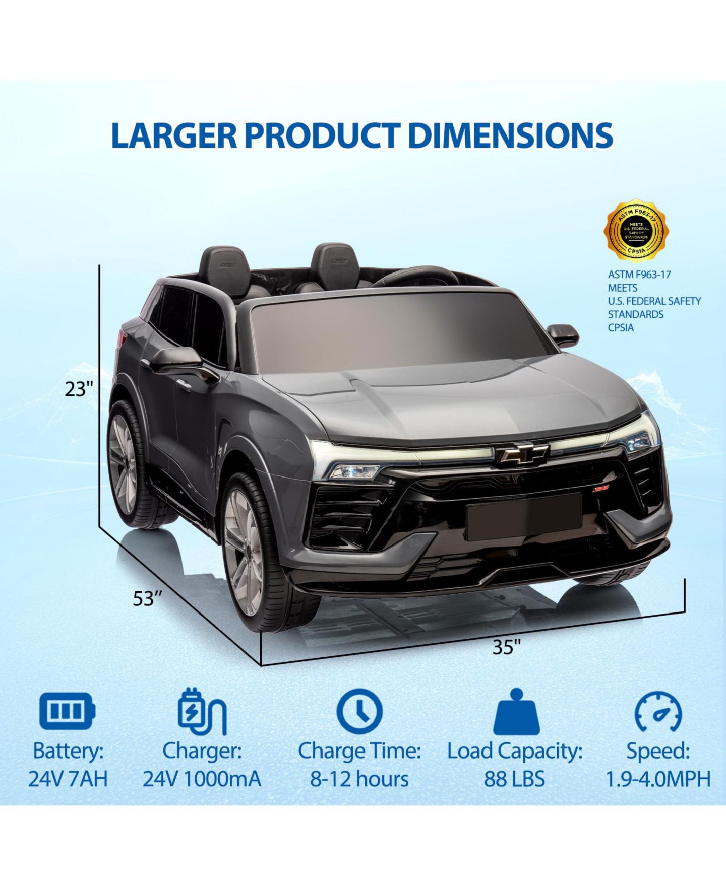 Детские игрушки homfan 24V 2-Seater Licensed Chevrolet SUV Ride-On - Parent Remote Control, Spring Suspension, LED Lights, Wireless, Safety Belt, 3 Speeds, цвет: Серый — фото 2