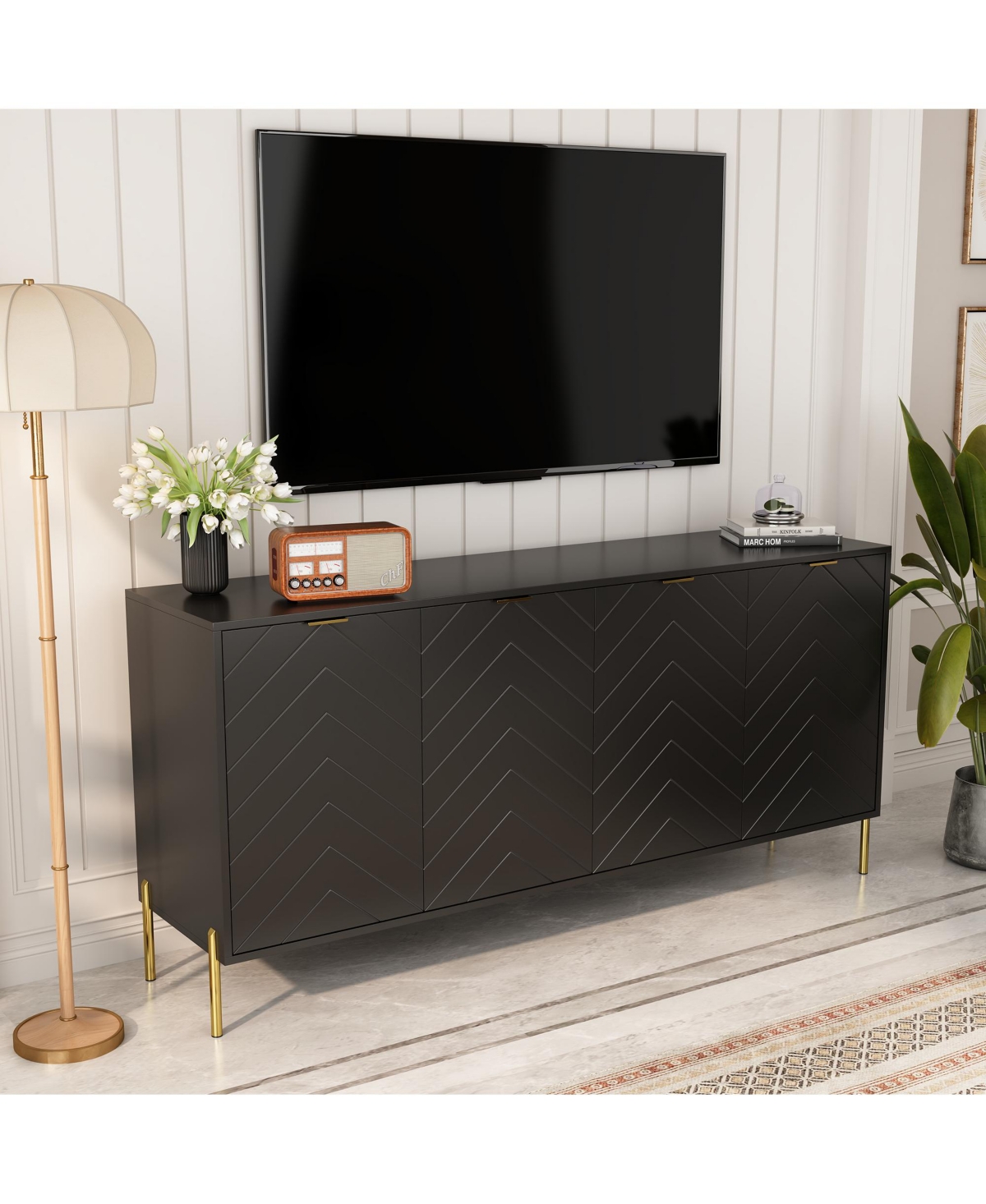 Clihome Storage Cabinet with 4 Doors, 63 Inch Monden Accent Adjustable Shelf, Free-Standing Sideboard