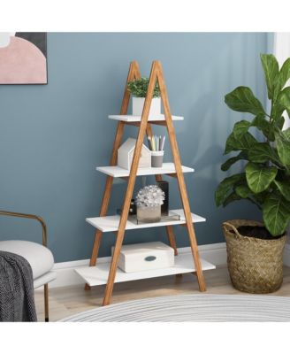 A-frame Solid Bamboo Ladder Bookshelf 4 Tier Open Display Storage Rack for Home Office
