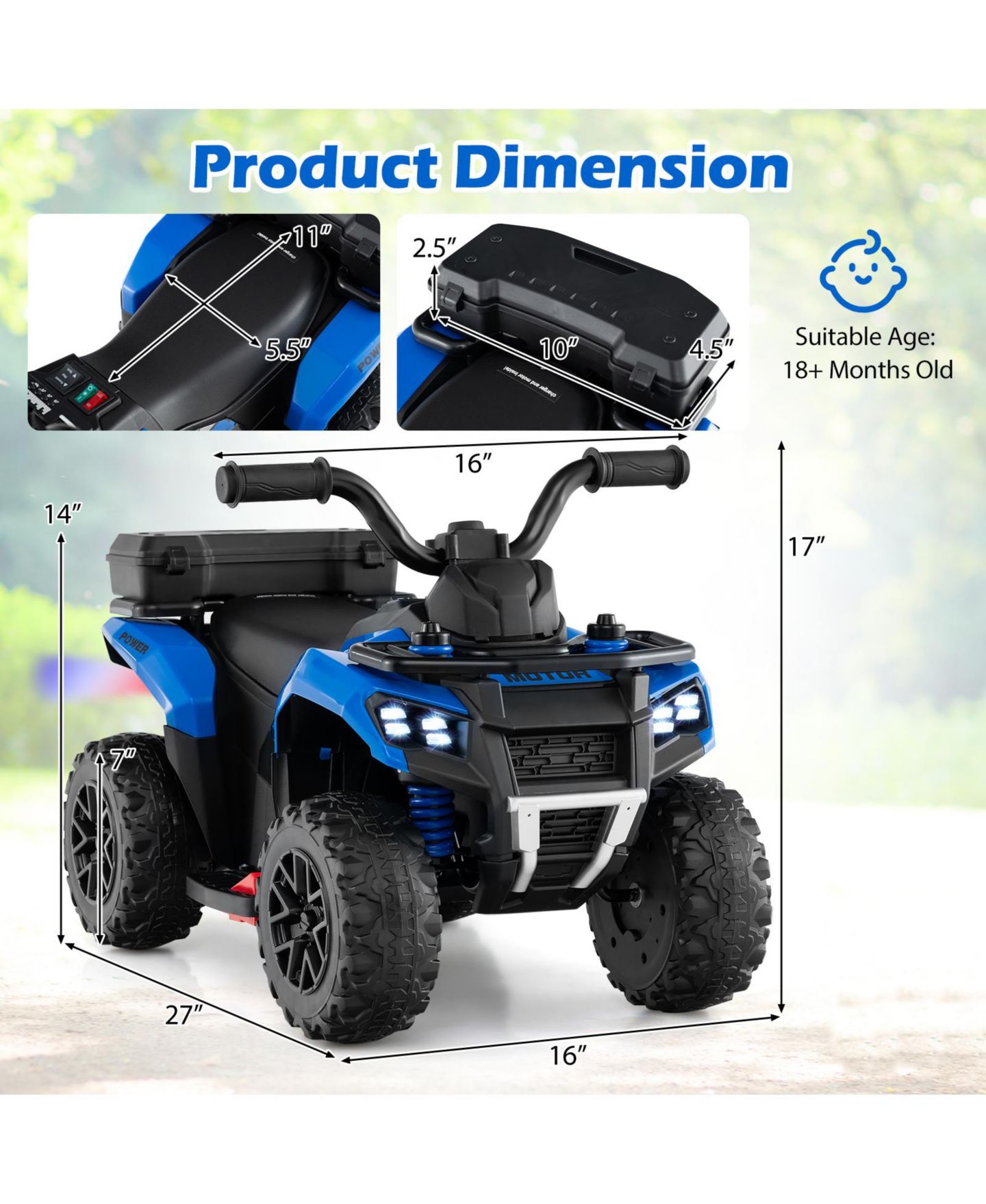 Детская игрушка Slickblue Kids Ride-On ATV 6V with Spray, Music and Rear Storage Box, цвет: Синий — фото 3