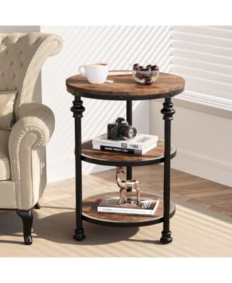 Round Side Table with 3 Shelves, Small End Table for Living Room Bedroom, Steel Frame