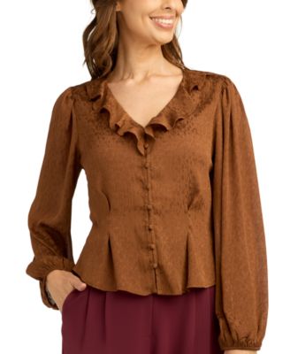 Juniors' Chiffon Jacquard V-Neck Button-Front Blouse