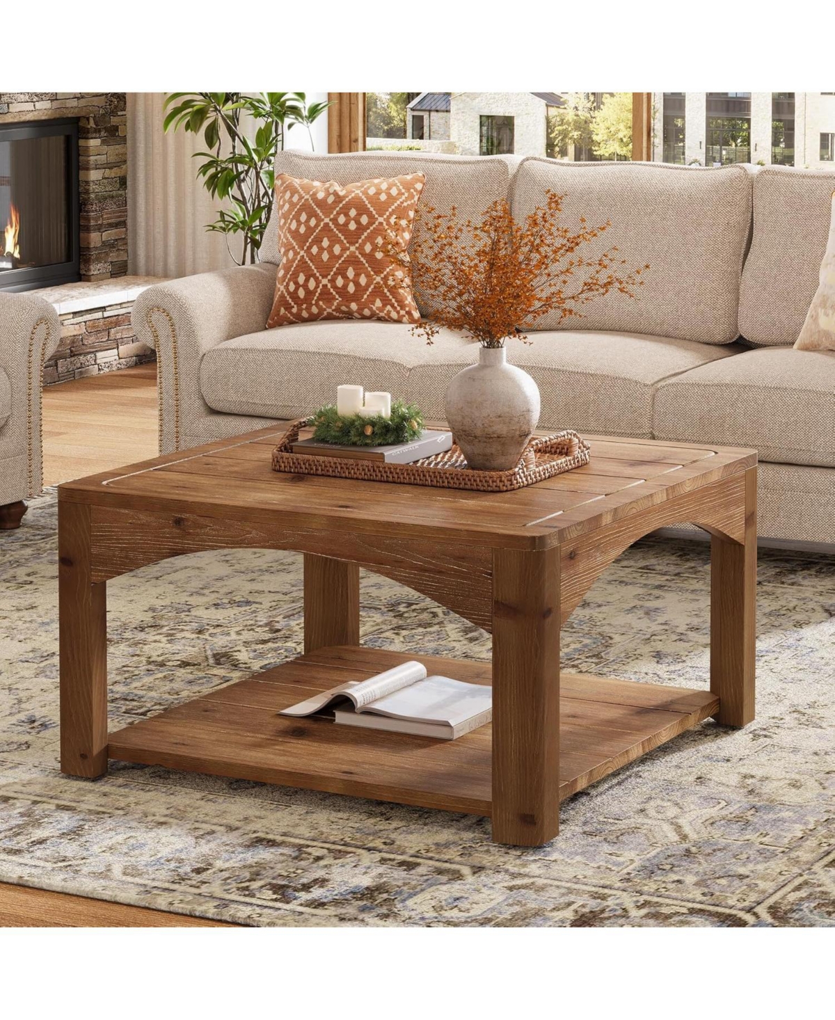 Tribesigns Square Coffee Table, 31.5" Solid Wood Coffee Table, 2-Tier Center Table for Living Room