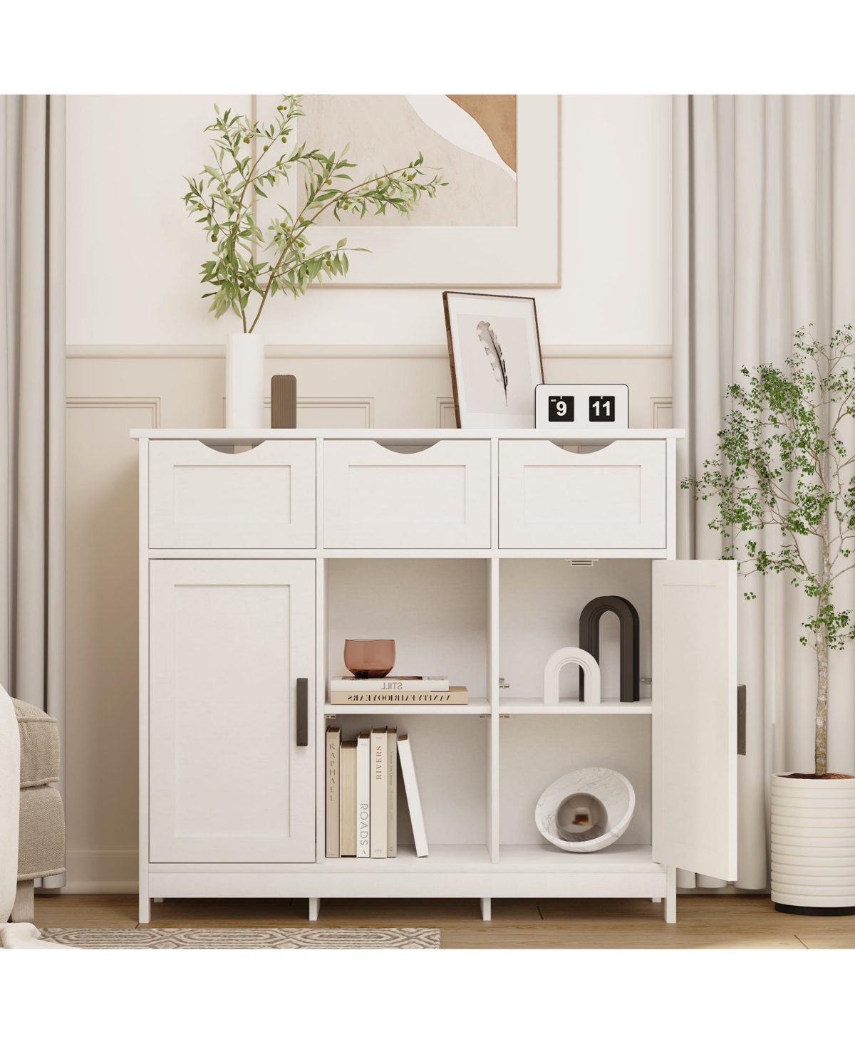 flynama Multi-Functional Wooden Storage Cabinet With 3 Drawers 2 Doors Adjustable Shelves Home Accent Cabinet