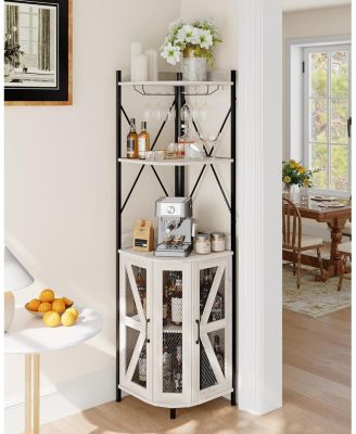 72" Industrial Corner Wine Cabinet Built-in Power Outlet and LED Strip, Mesh Door with Glass Holder, 5-Tier Bar Display for Home or Small Space