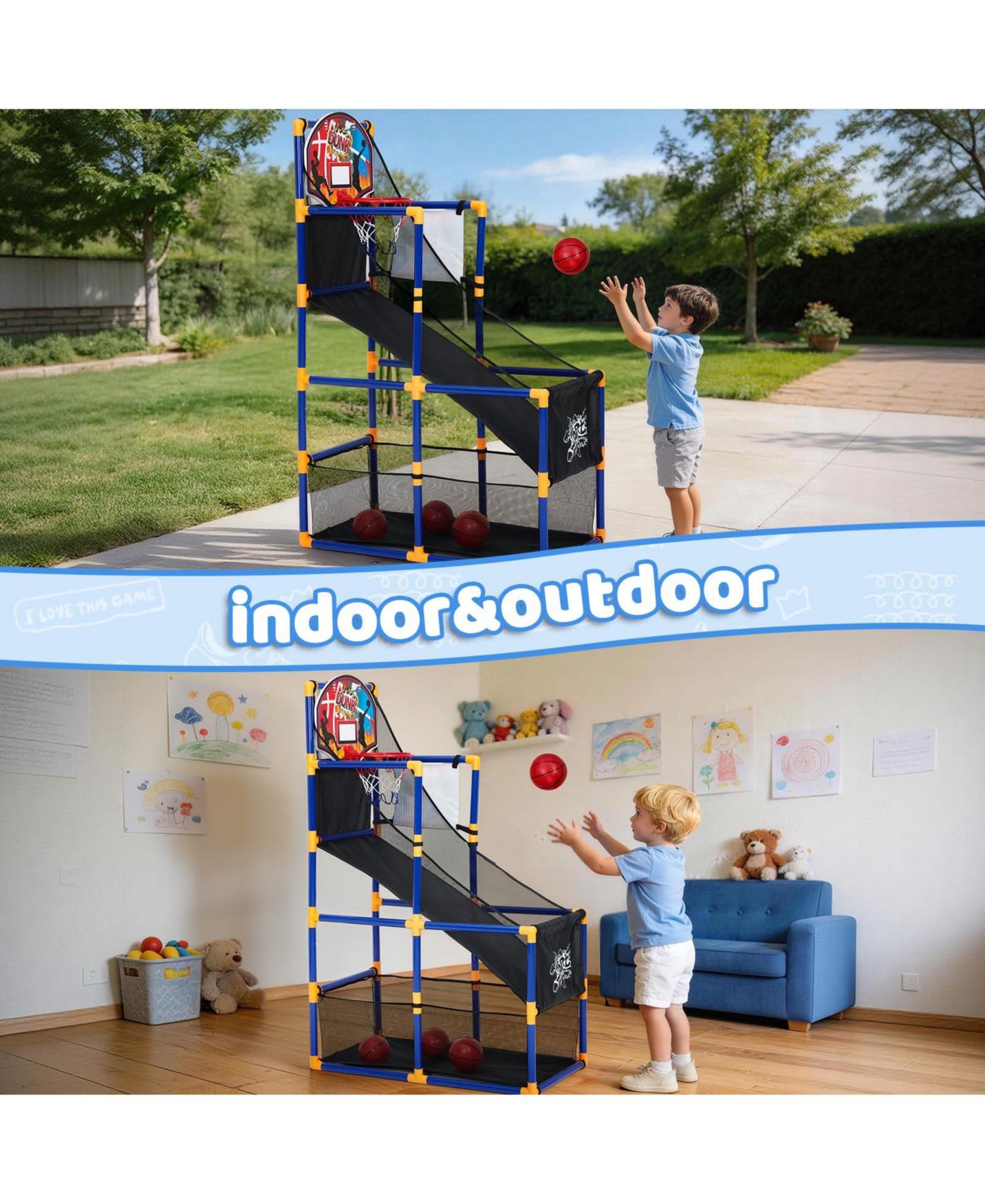 Детские игрушки homfan Kids Indoor Outdoor Portable Basketball Hoop Set with 10 Basketballs, Sticky Net and Air Pump, Ages 3+, цвет: Жёлтый — фото 6