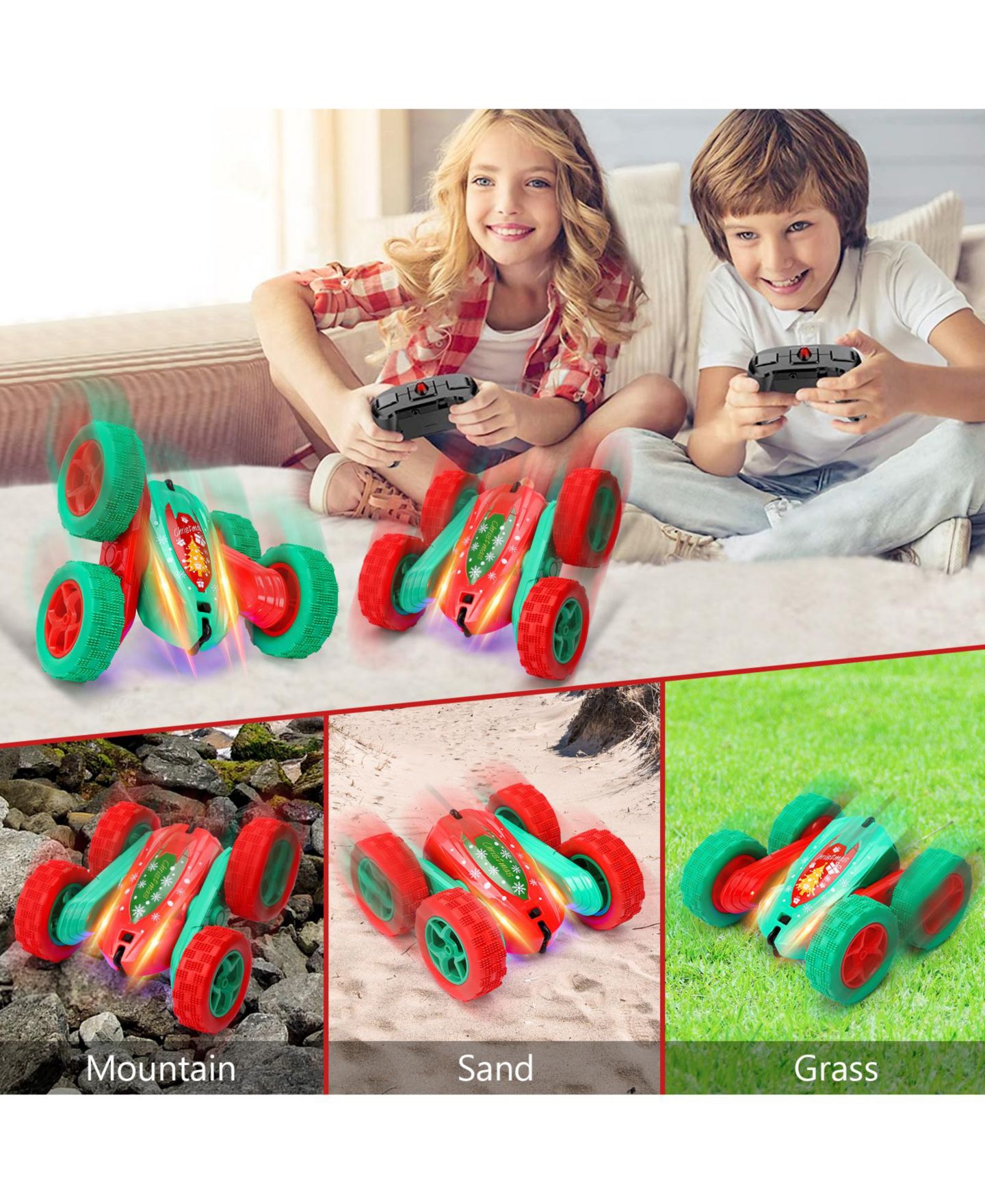 Детская игрушка homfan 10.2 x 6.7 x 5.9 in Remote Control Stunt Car Christmas Edition RC Vehicle with 4 Batteries 360 Spinning Toy for Outdoor Adventure Play, цвет: Красный — фото 4