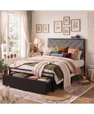 Modern Upholstered Platform Bed with 2 Storage Drawers and Built-In Power Outlet, Heavy-Duty Steel Slats, No Box Spring Needed, V-Channel Headboard