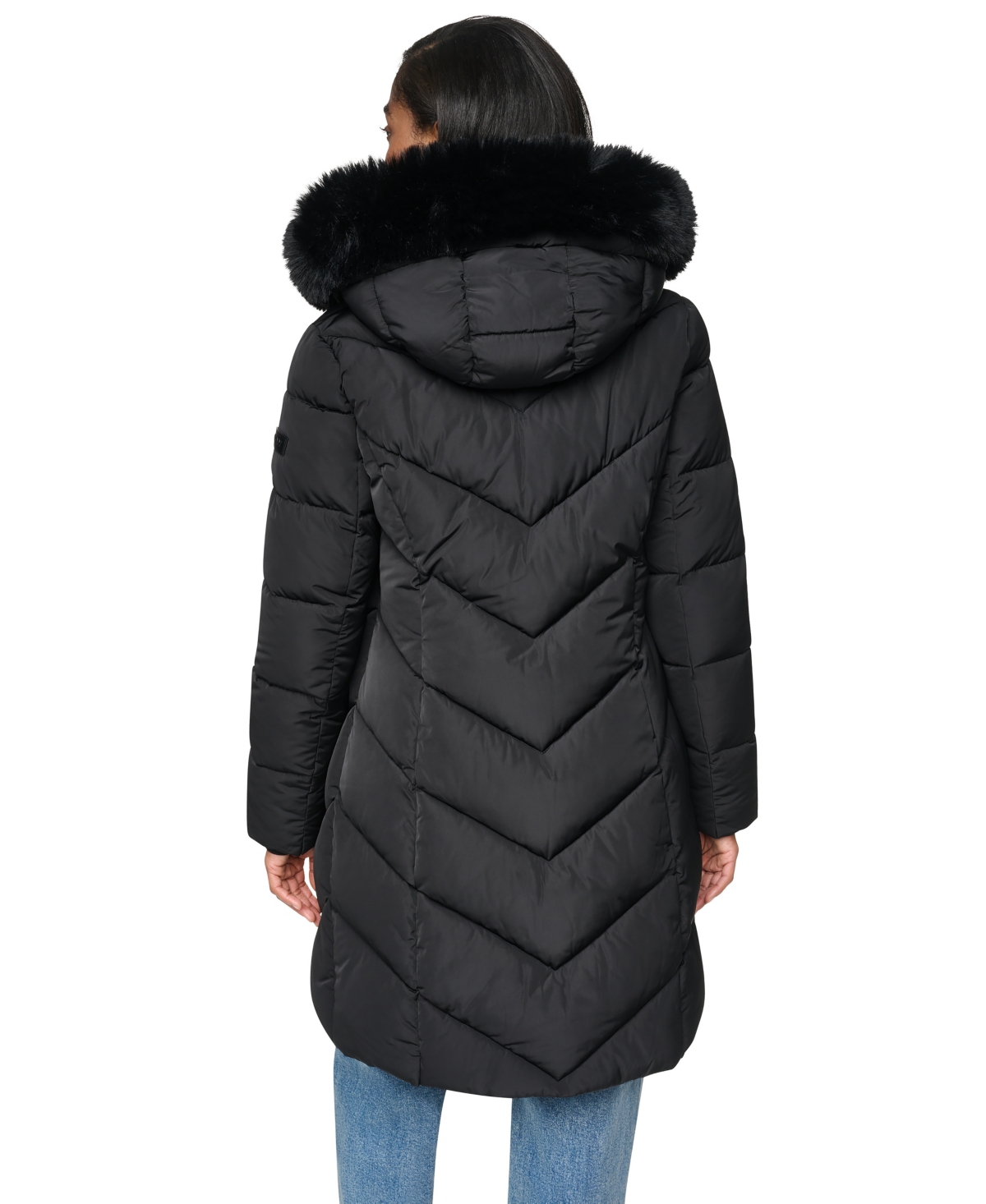 Dkny Women's Walker Length Puffer with Faux Fur Trimmed Hood Coat