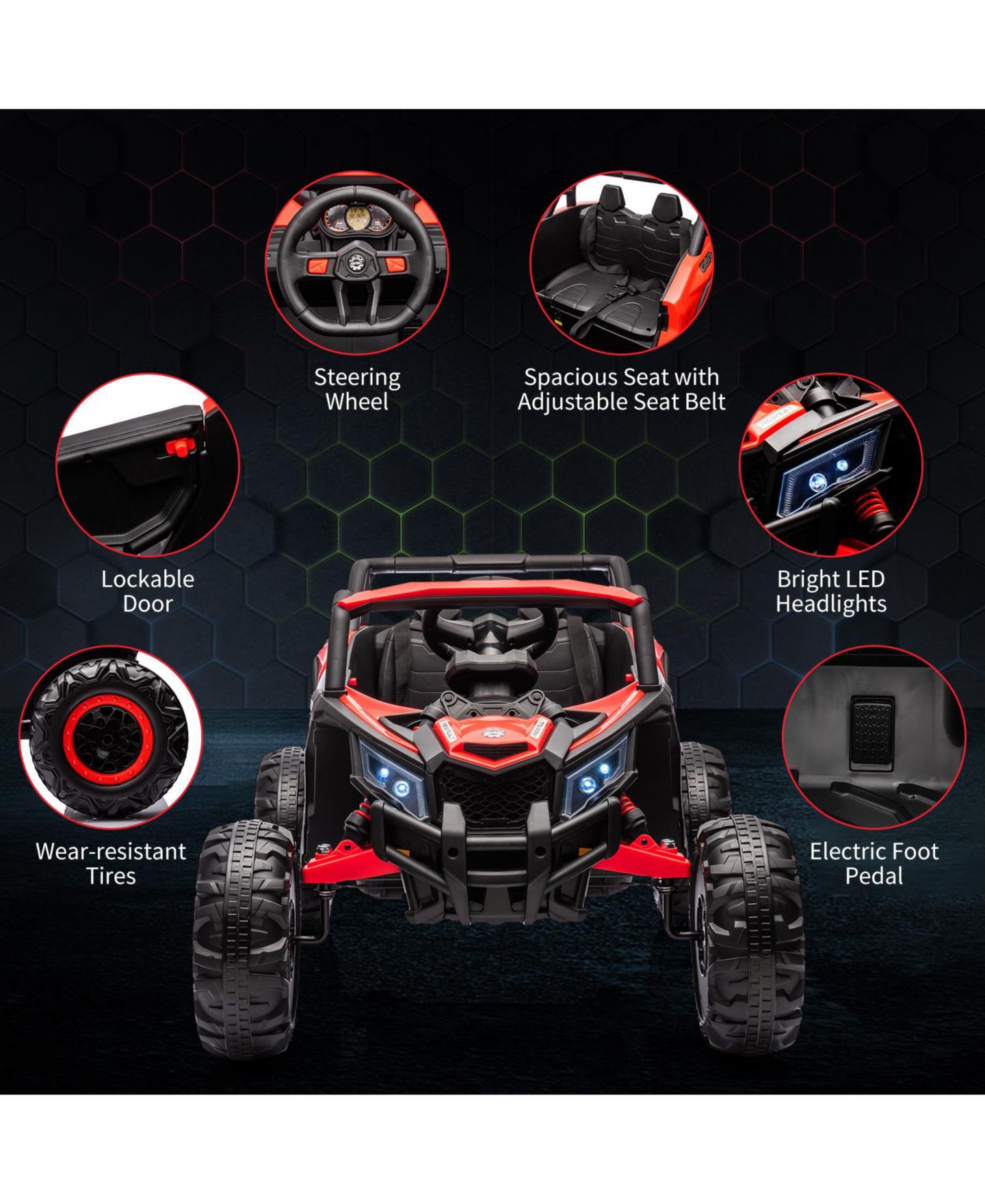 Детская игрушка homfan 24V 2-Seater Kids Electric UTV Ride-On Car - 200W Dual Motors, Metal Frame, Off-Road Suspension, Remote Control, USB, Music, LED Lights, цвет: Красный — фото 3