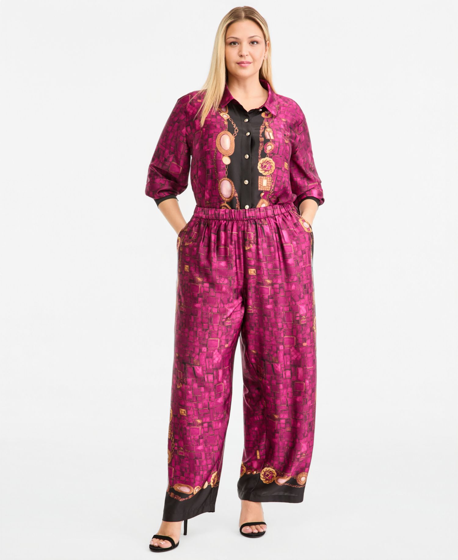 Plus Size Gemstone Pull-On Wide-Leg Satin Pants
