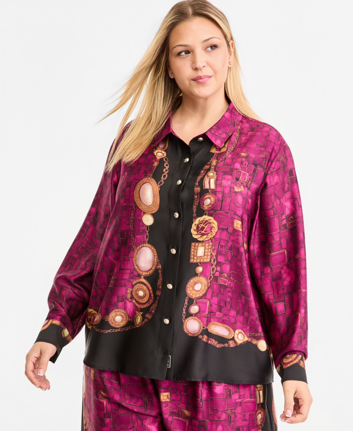Plus Size Gemstone Woven Printed Long-Sleeve Blouse