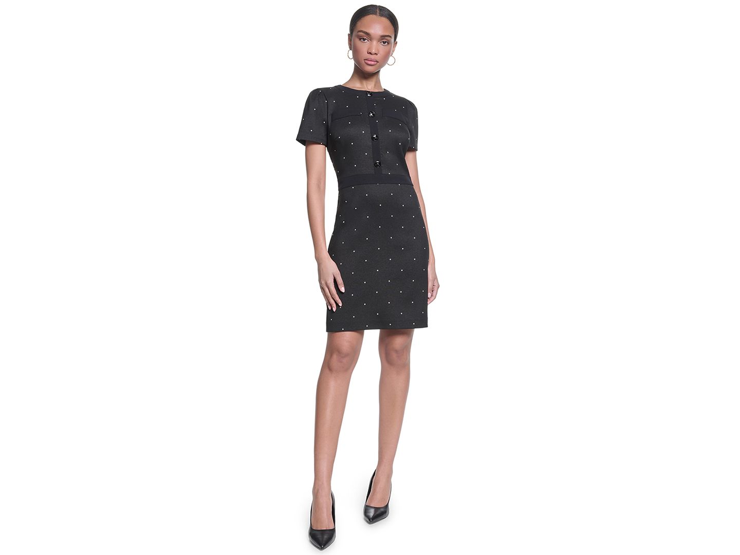 Женское платье KARL LAGERFELD PARIS Mini Polka Dot Sheath Short, цвет: Чёрный / Мягкий белый — фото 1