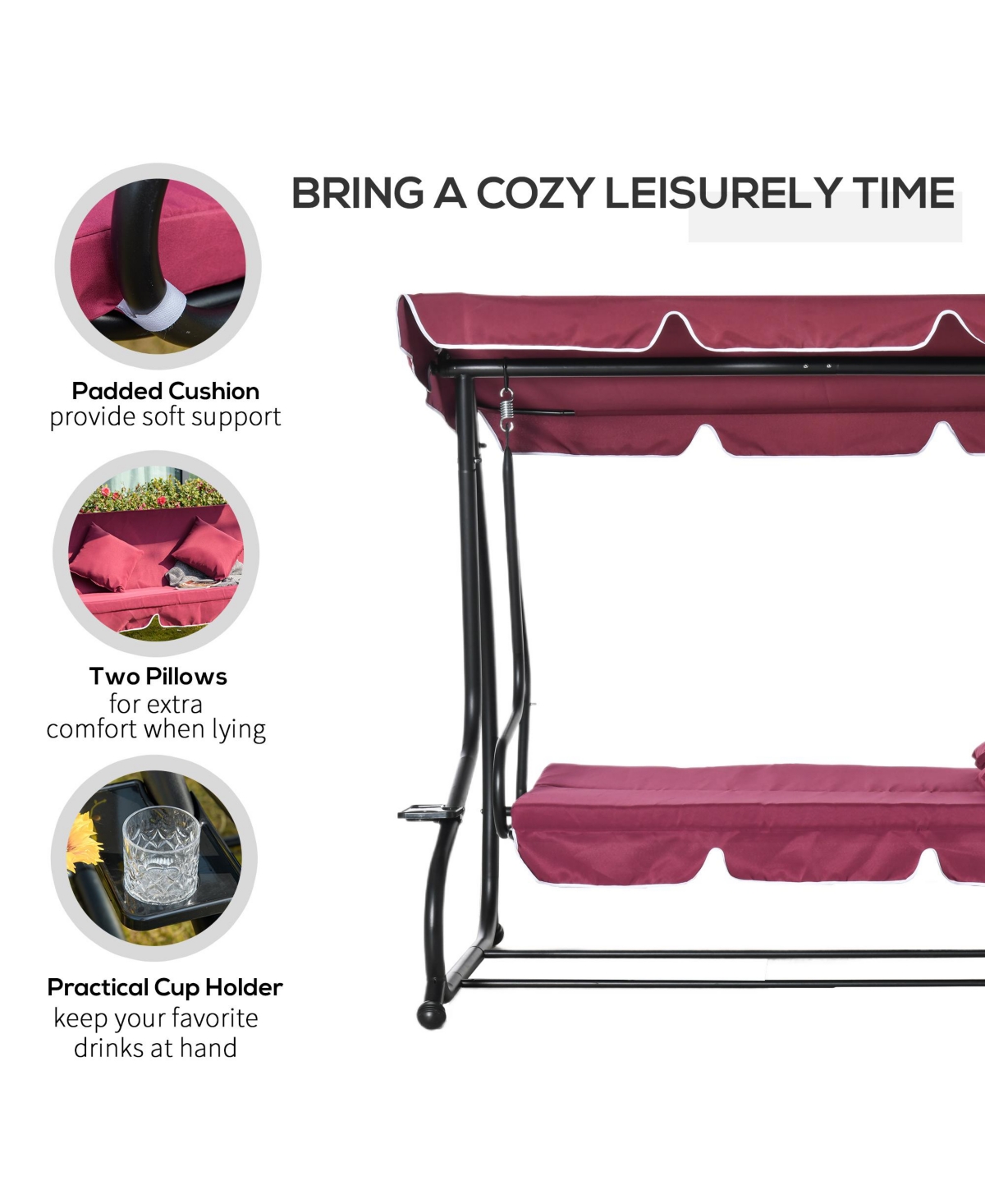 Outsunny 3 Seat Outdoor Free Standing Swing Bench Porch Swing with Stand, Comfortable Cushioned Fabric & Included Canopy, Red