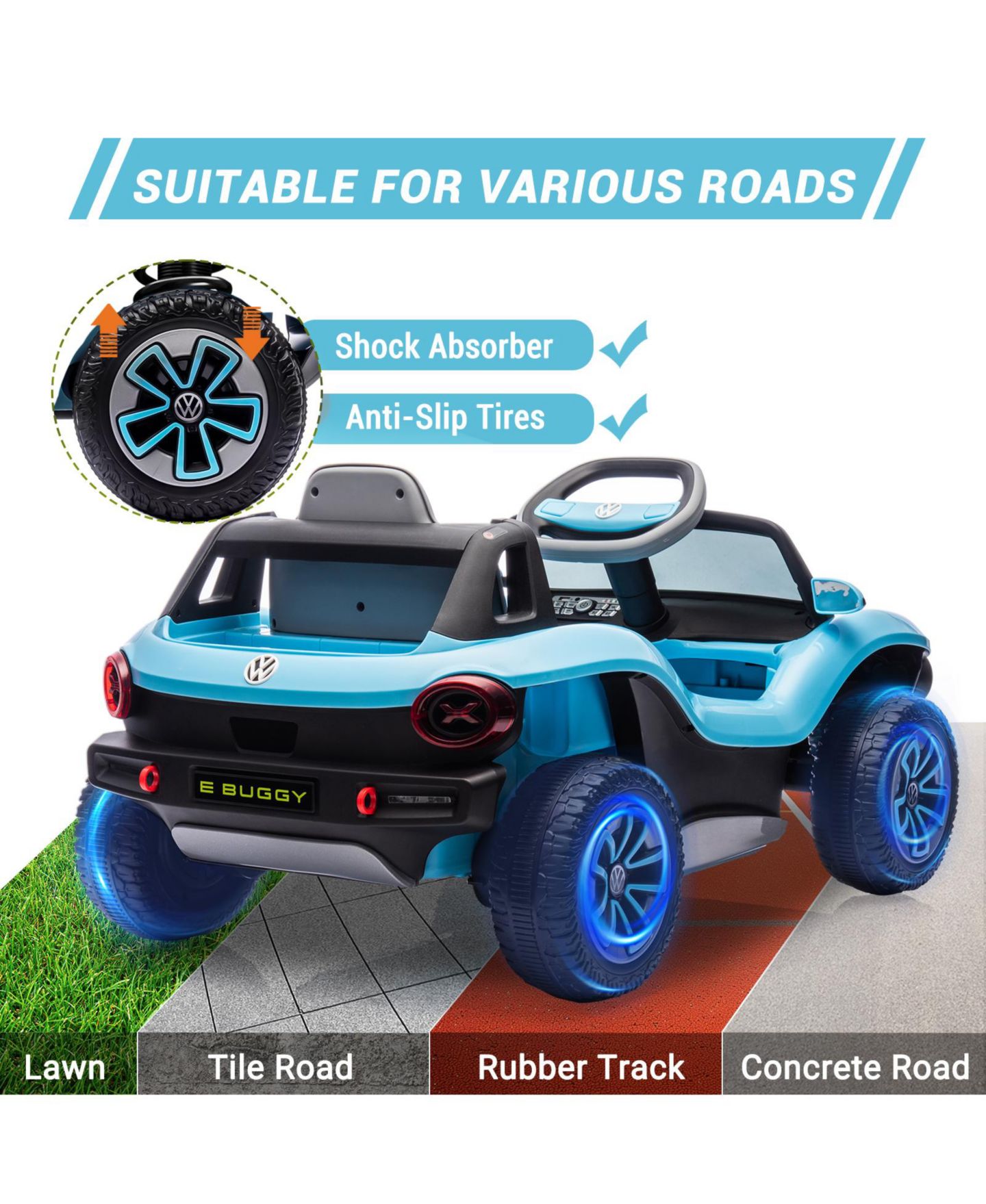 Детская игрушка homfan Licensed Volkswagen Beetle 12V Ride-On Car with Remote Control, LED Lights, Music, 66 lb Capacity, Ages 3+, цвет: Синий — фото 5