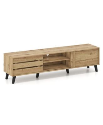 Mid Century Modern TV Stand for 80 Inch TVs with Sliding Door Cabinets