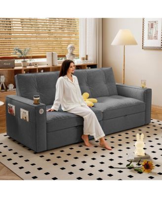 2-in-1 Convertible Sofa Bed with Corduroy Upholstery, Dual Armrest Cup Holders and Side Storage