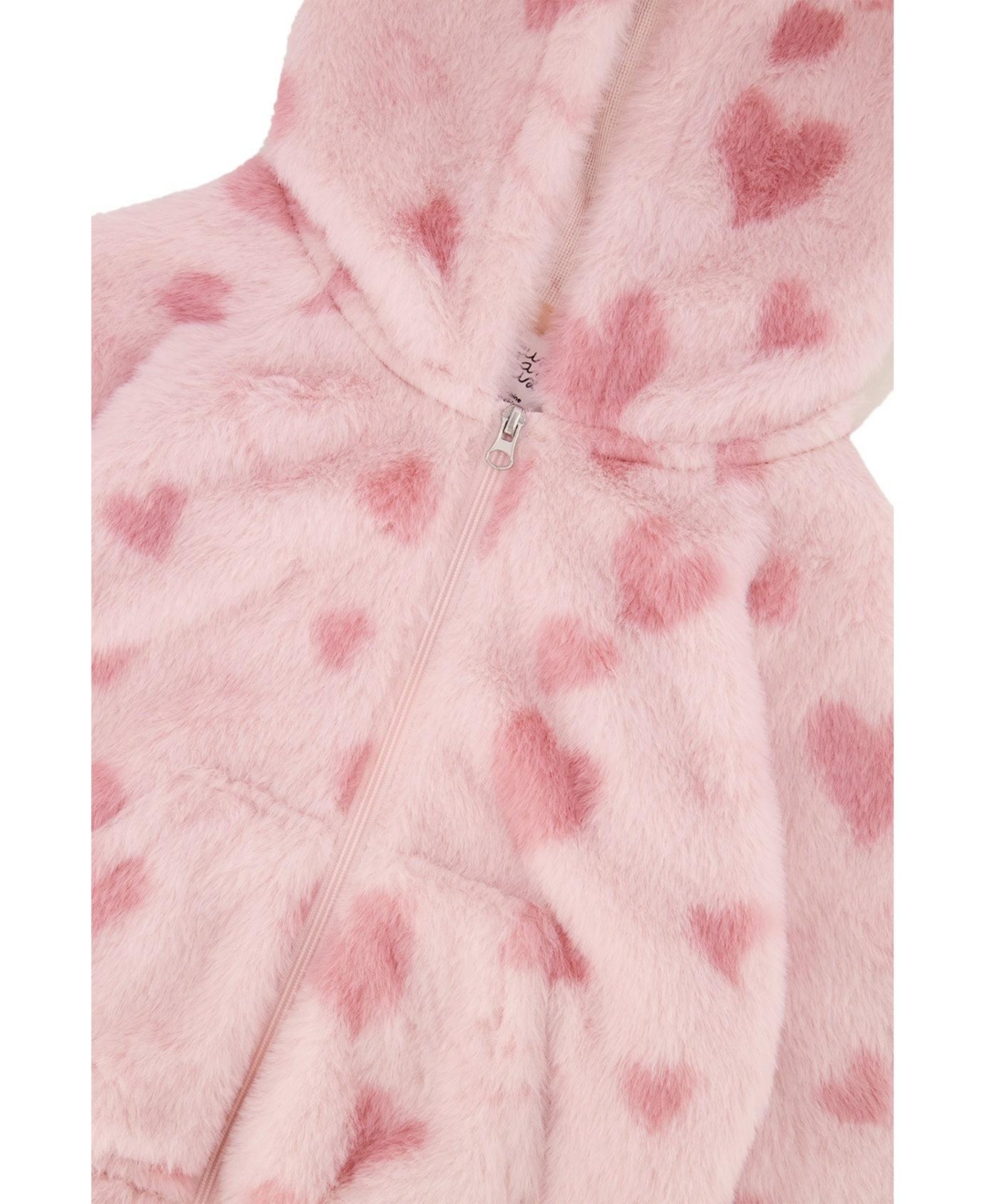 Deux par Baby Girl (12M - 24M) Hooded Full Zip Faux Fur Jacket Printed with Hearts