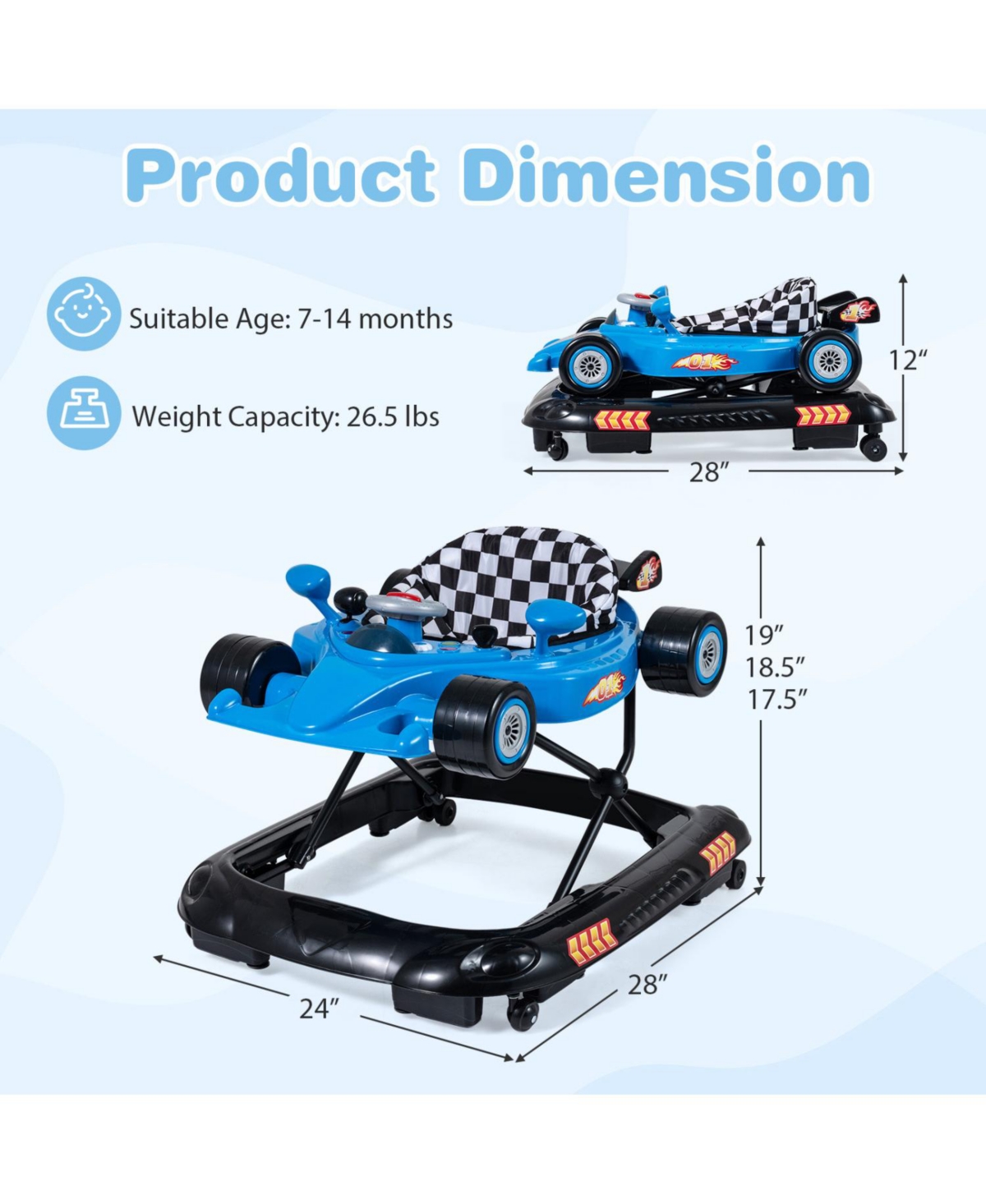 Slickblue Toddler Baby Walker with 3-Level Adjustable Height and Convertible Function