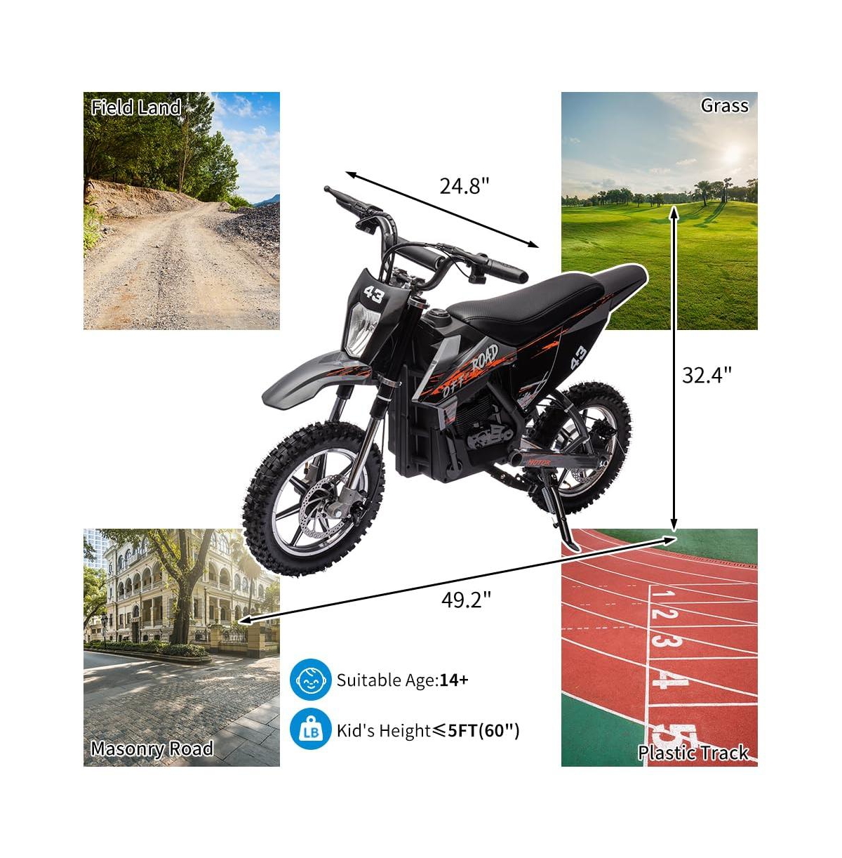 homfan Ride-On Dirt Bike, Electric, 15.5 Mph, 175 lb. Capacity, Ages 14+
