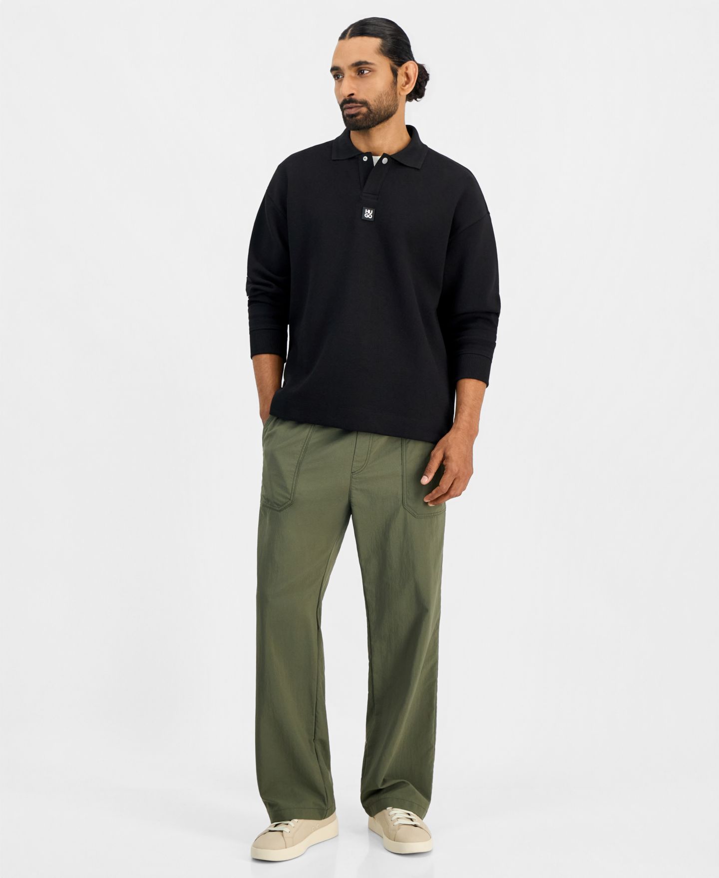 Мужское поло Hugo Boss HUGO by Dabins Long-Sleeve Textured Interlock Fabric Polo, цвет: Чёрный — фото 2