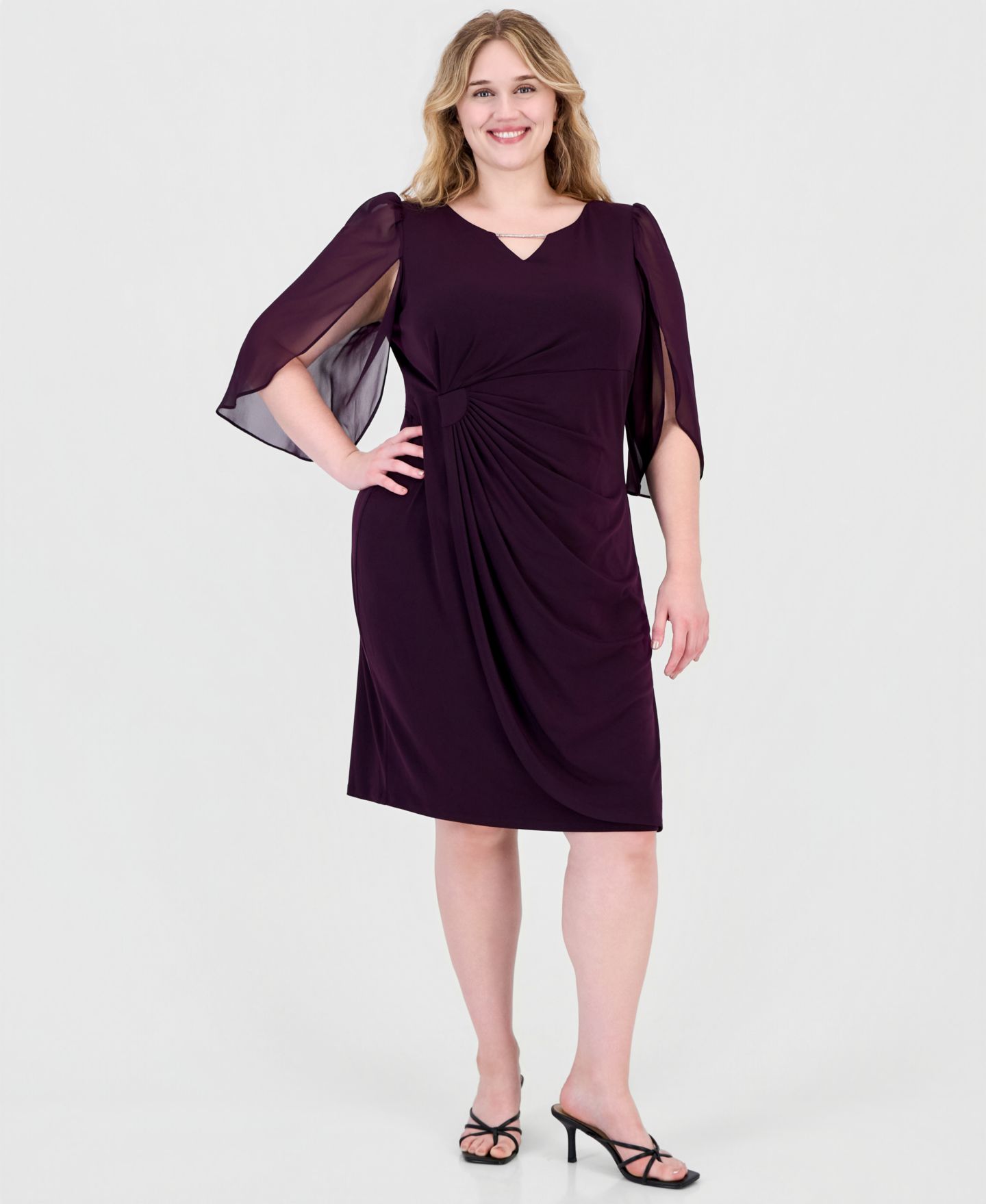 Женское платье Connected Plus Size Sheer-Sleeve Chain-Detail Sheath, цвет: Баклажановый — фото 1