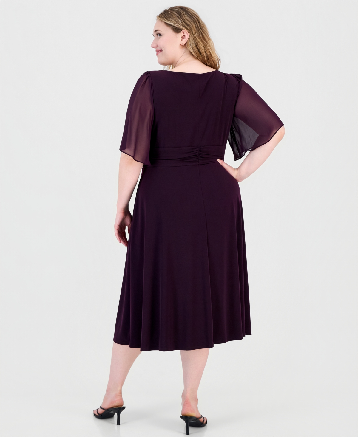 Connected Plus Round-Neck Chiffon-Sleeve Dress