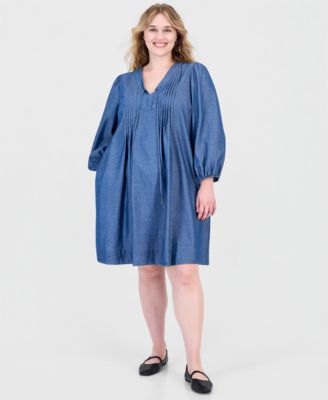 Plus Size Denim V-Neck Long-Sleeve Shift Dress