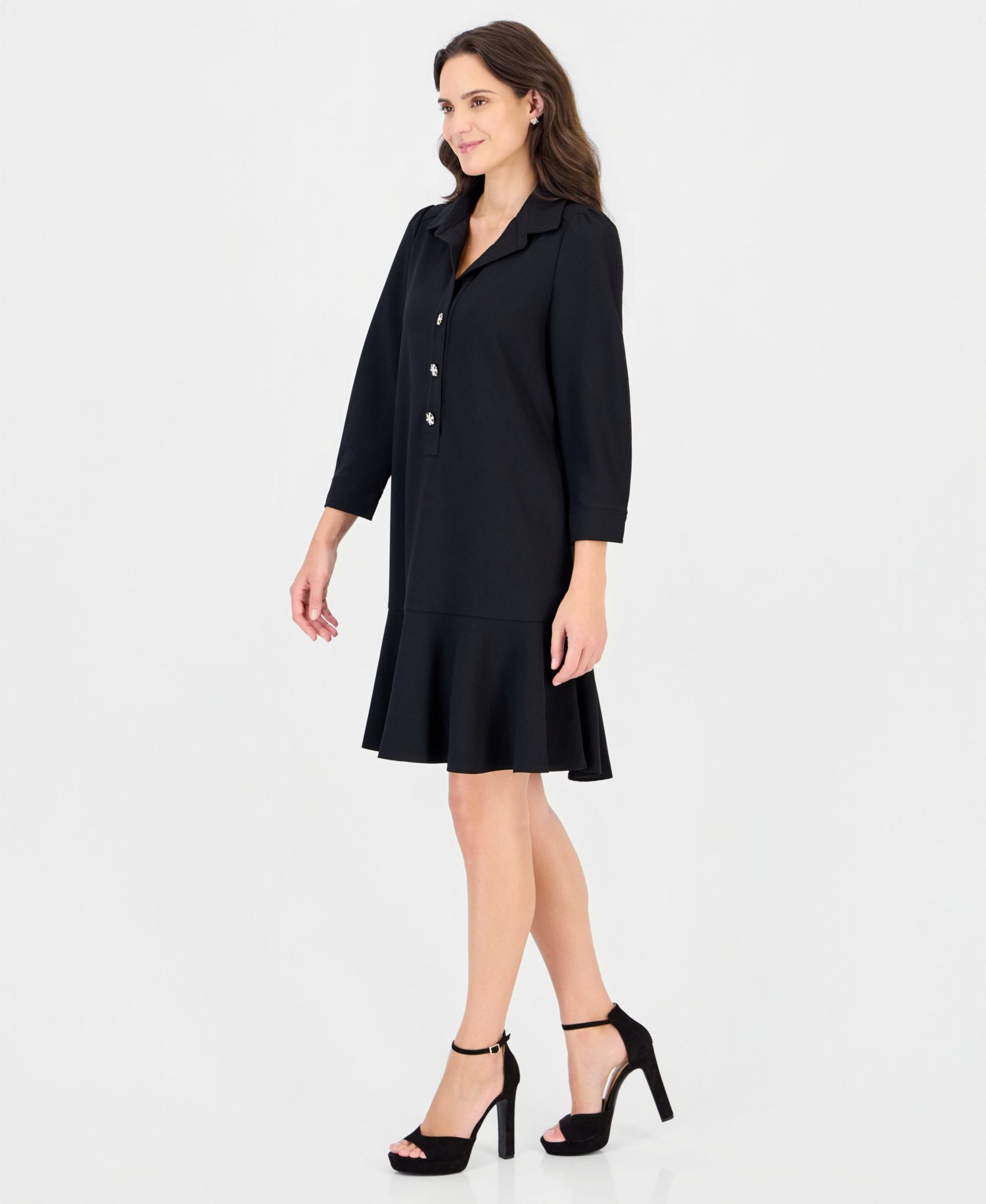 Petite Collared 3/4-Sleeve Flared-Hem Dress
